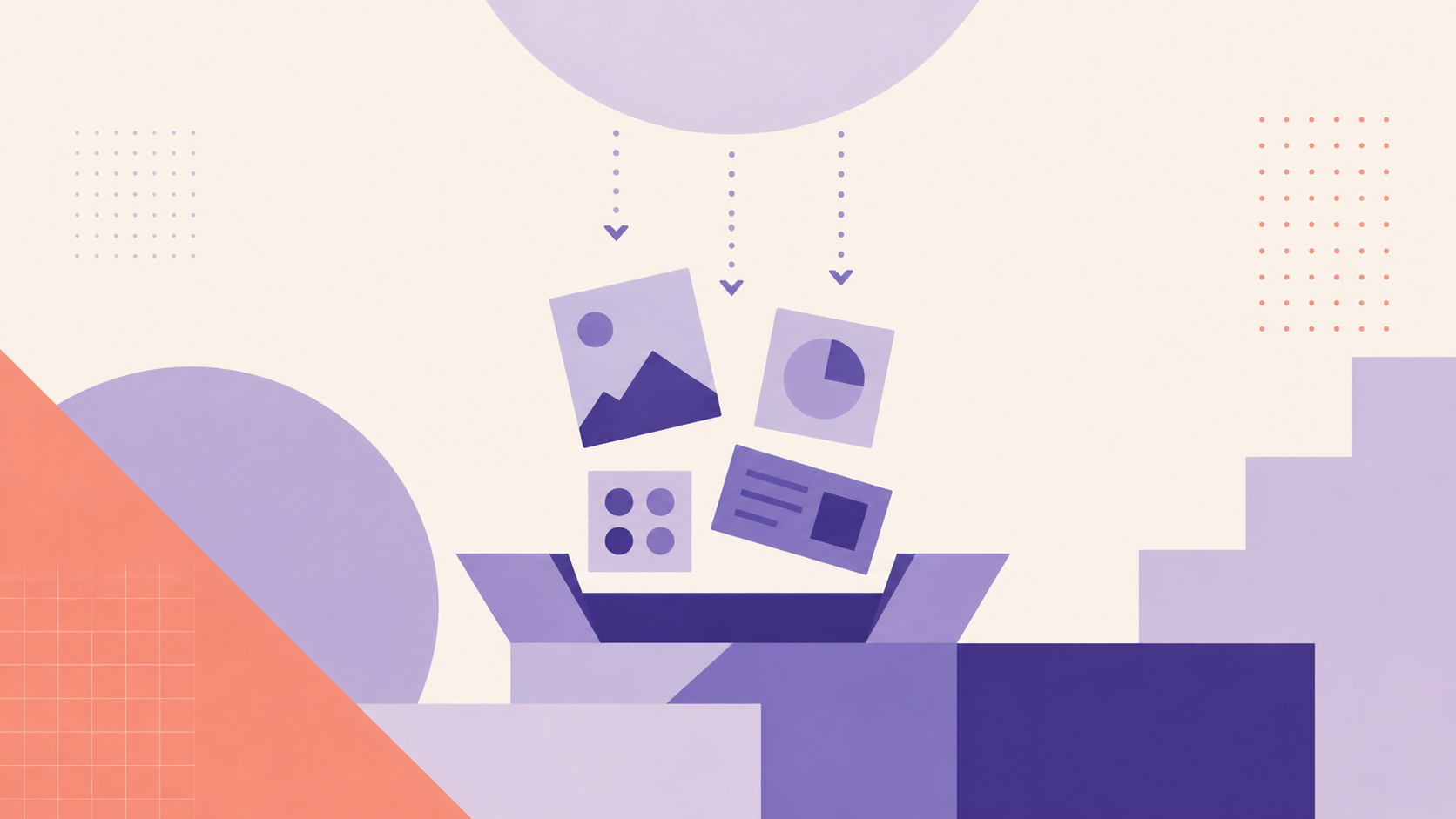 Abstract illustration of product cards entering a catalog